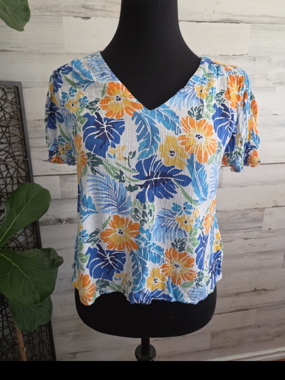 RACHEL Rachel Roy Floral V-Neck Top in Blue, Orange & Yellow